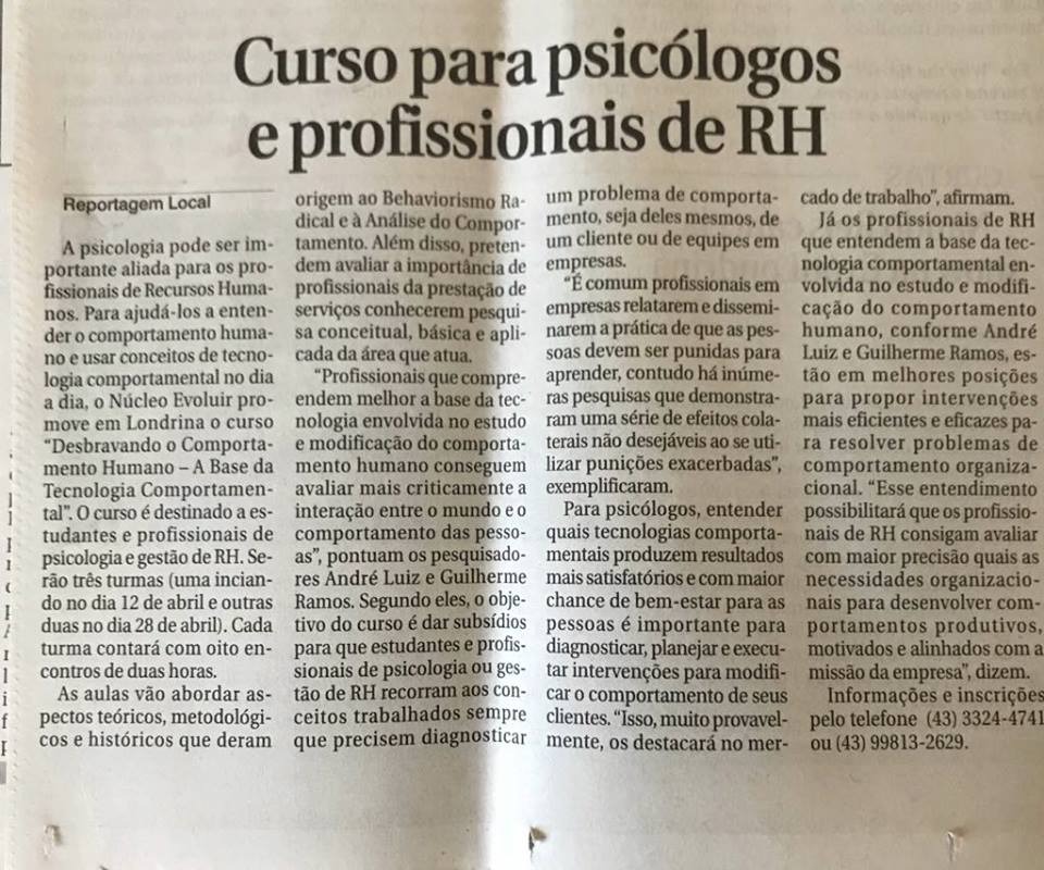 Curso para psicólogos e profissionais de RH na Folha de Londrina